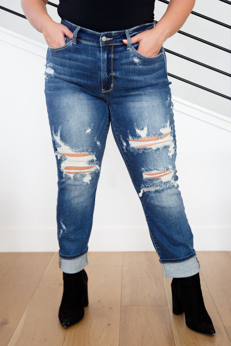 Judy Blue Danny Mid Rise Cuffed Destroy Boyfriend Jeans