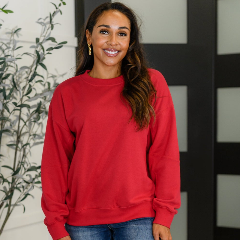Sweet with a Side Eye Drop Shoulder Pullover in True Red