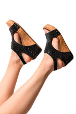 Ashley Wedge Sandals in Black Rhinestone by Corkys