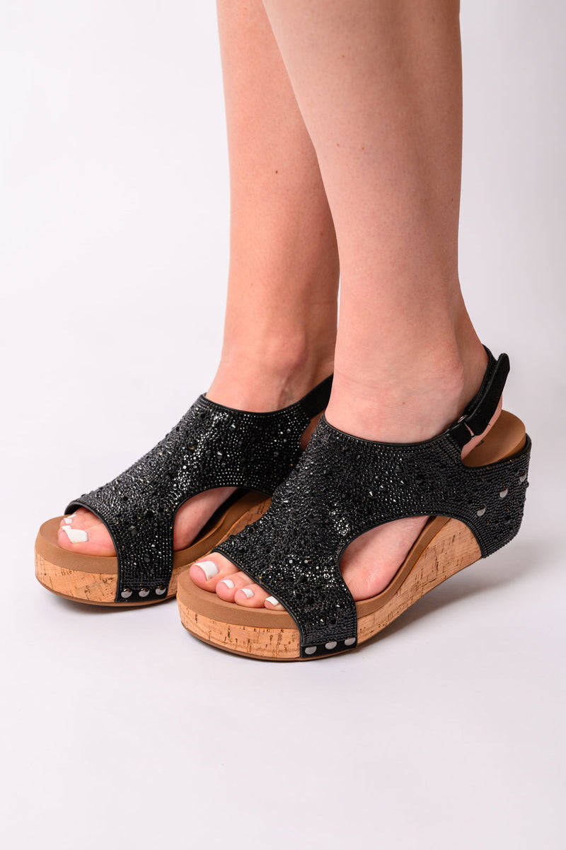 Ashley Wedge Sandals in Black Rhinestone by Corkys