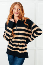 Well Situated Striped Quarter Zip Sweater in Black and Tan