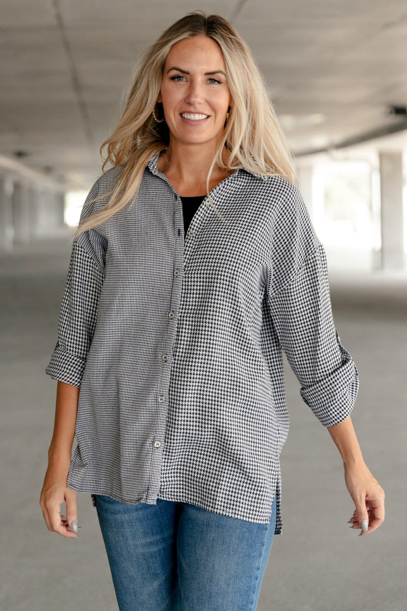 Mixed Houndstooth Button Up Top