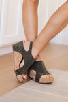 Walk This Way Wedge Sandals in Olive Suede by Corky’s