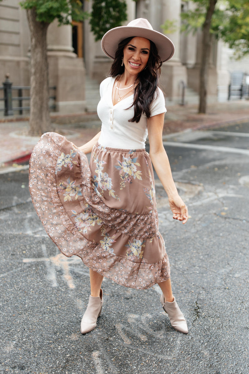 Zoe Floral Middi Skirt in Mocha