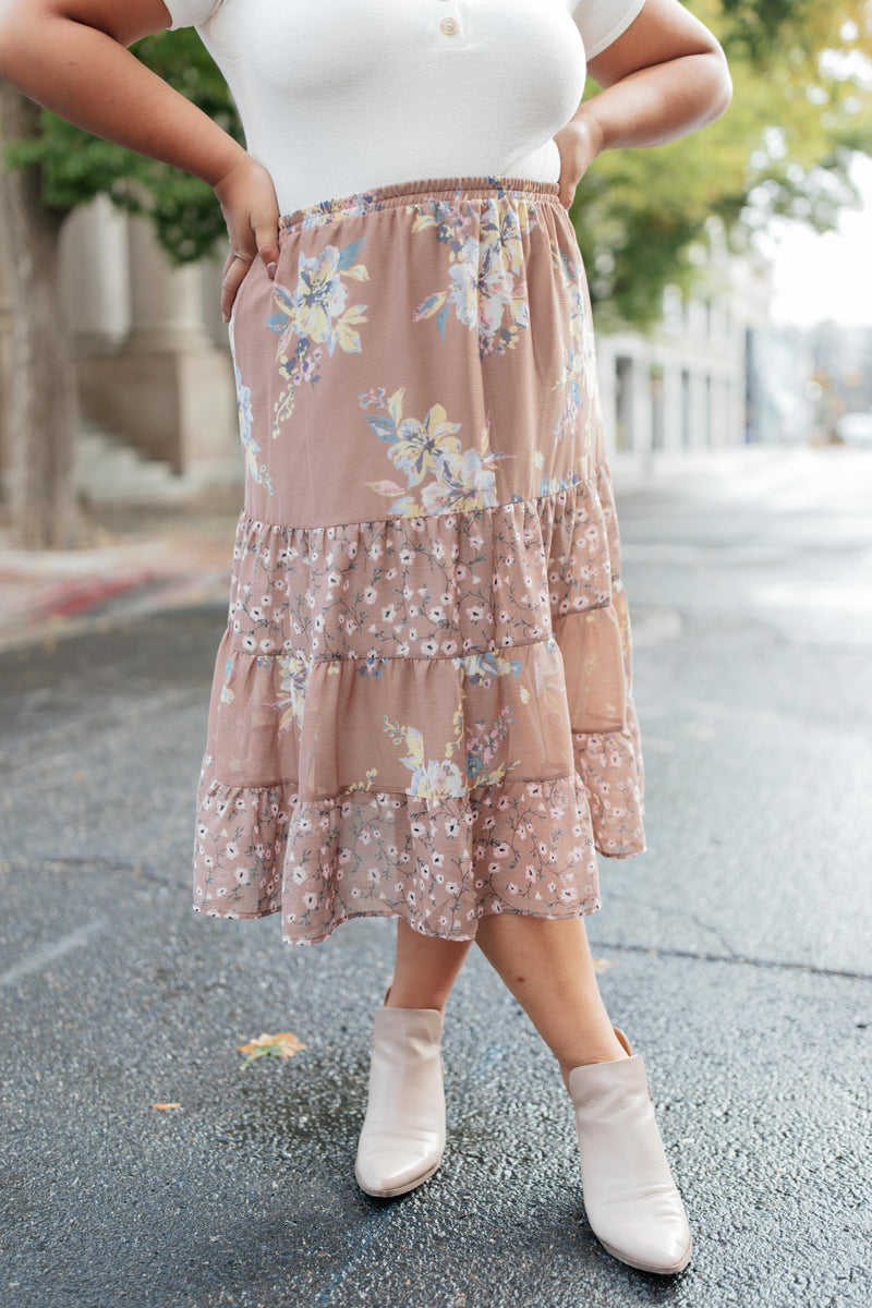 Zoe Floral Middi Skirt in Mocha